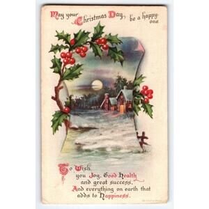 Vintage Christmas Postcard Snowy Cottage Holly Scene by Wolf & Co. NY